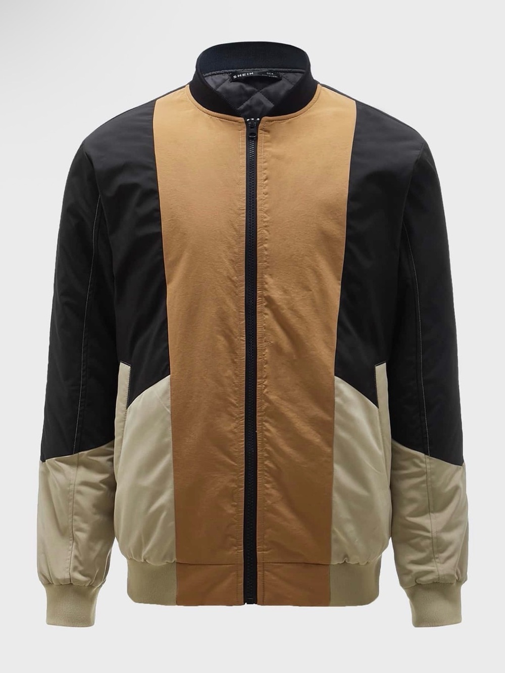 SHEIN Black Tan Cream Colorblock Bomber Jacket